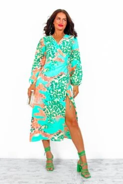 Modern Love - Green Peach Leopard Midi Wrap Dress -Deals Modashka Store ModernLove GreenPeachLeopardMidiWrapDress4