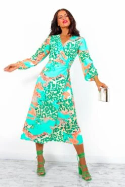 Modern Love - Green Peach Leopard Midi Wrap Dress -Deals Modashka Store ModernLove GreenPeachLeopardMidiWrapDress5