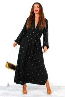 Moment Of Serendipity - Black Gold Sequin Boho Maxi Dress