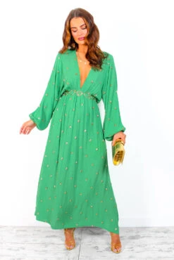 Moment Of Serendipity - Green Gold Sequin Boho Maxi Dress