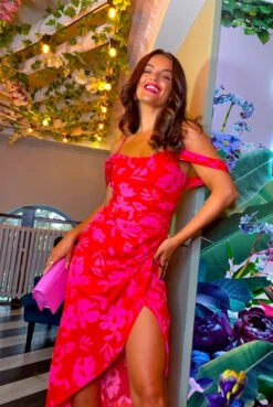 My Beloved - Red Pink Floral Midi Dress