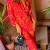 No Regrets - Pink Orange Abstract Twist Front Midi Dress -Deals Modashka Store No Regrets Pink Orange Abstract Twist Front Midi Dress