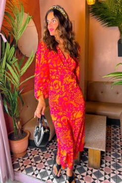 No Regrets - Pink Orange Abstract Twist Front Midi Dress -Deals Modashka Store No Regrets Pink Orange Abstract Twist Front Midi Dress 2