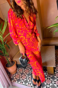 No Regrets - Pink Orange Abstract Twist Front Midi Dress