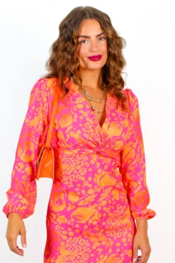 No Regrets - Pink Orange Abstract Twist Front Midi Dress -Deals Modashka Store NoRegrets PinkOrangeAbstractTwistFrontMidiDress