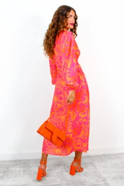 No Regrets - Pink Orange Abstract Twist Front Midi Dress -Deals Modashka Store NoRegrets PinkOrangeAbstractTwistFrontMidiDress 1