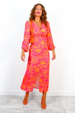 No Regrets - Pink Orange Abstract Twist Front Midi Dress -Deals Modashka Store NoRegrets PinkOrangeAbstractTwistFrontMidiDress 4
