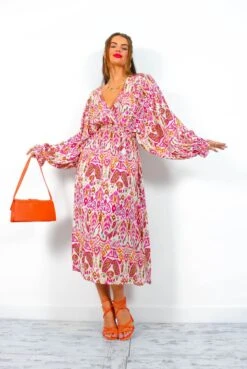 Not Just A Vibe - Cream Magenta Abstract Boho Midi Dress -Deals Modashka Store NotJustAVibe CreamMagentaAbstractBohoMidiDress 1