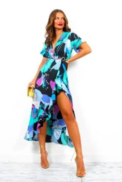 Out Your League - Black Turquoise Floral Midi Dress