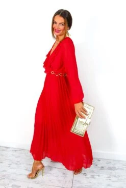 Penny For Your Thoughts - Red Ruffle Plunge Pleated Midi Dress -Deals Modashka Store PennyForYourThoughts RedRufflePlungePleatedMidiDress 1