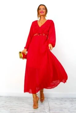 Penny For Your Thoughts - Red Ruffle Plunge Pleated Midi Dress -Deals Modashka Store PennyForYourThoughts RedRufflePlungePleatedMidiDress 3