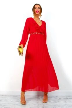 Penny For Your Thoughts - Red Ruffle Plunge Pleated Midi Dress -Deals Modashka Store PennyForYourThoughts RedRufflePlungePleatedMidiDress 5