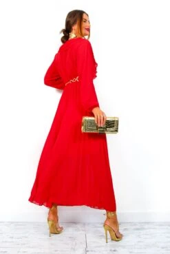 Penny For Your Thoughts - Red Ruffle Plunge Pleated Midi Dress -Deals Modashka Store PennyForYourThoughts RedRufflePlungePleatedMidiDress 6