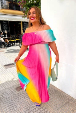Pleat About Me - Multi Ombre Lurex Pleated Bardot Maxi Dress