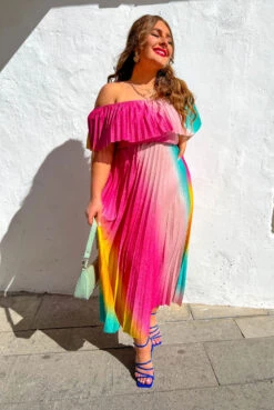 Pleat About Me - Multi Ombre Lurex Pleated Bardot Maxi Dress -Deals Modashka Store Pleat About Me Multi Ombre Lurex Pleated Bardot Maxi Dress3