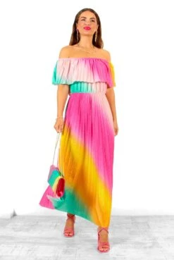 Pleat About Me - Multi Ombre Lurex Pleated Bardot Maxi Dress -Deals Modashka Store PleatAboutMe MultiOmbreLurexPleatedBardotMaxiDress 2