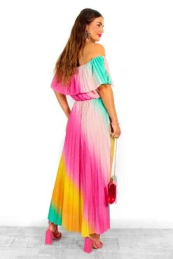 Pleat About Me - Multi Ombre Lurex Pleated Bardot Maxi Dress -Deals Modashka Store PleatAboutMe MultiOmbreLurexPleatedBardotMaxiDress 3