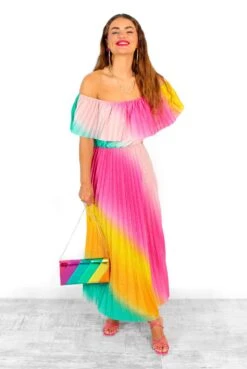 Pleat About Me - Multi Ombre Lurex Pleated Bardot Maxi Dress -Deals Modashka Store PleatAboutMe MultiOmbreLurexPleatedBardotMaxiDress 4