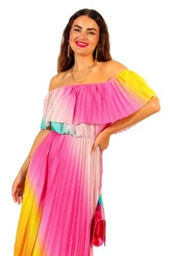 Pleat About Me - Multi Ombre Lurex Pleated Bardot Maxi Dress -Deals Modashka Store PleatAboutMe MultiOmbreLurexPleatedBardotMaxiDress 6