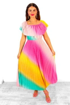 Pleat About Me - Multi Ombre Lurex Pleated Bardot Maxi Dress -Deals Modashka Store PleatAboutMe MultiOmbreLurexPleatedBardotMaxiDress 7
