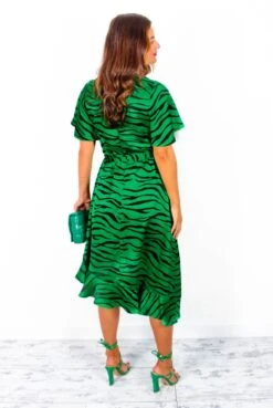 Queue The Compliments - Green Black Zebra Print Midi Wrap Dress -Deals Modashka Store QueueTheCompliments GreenBlackZebraPrintMidiWrapDress 1