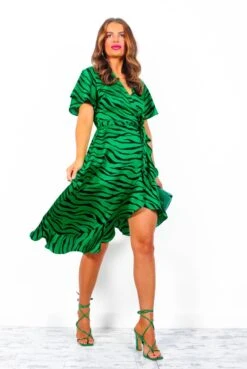 Queue The Compliments - Green Black Zebra Print Midi Wrap Dress -Deals Modashka Store QueueTheCompliments GreenBlackZebraPrintMidiWrapDress 2