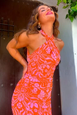 Real Life Fantasy - Orange Pink Floral Halter Neck Maxi Dress 17 Real Life Fantasy - Orange Pink Floral Halter Neck Maxi Dress -Deals Modashka Store Real Life Fantasy Orange PinkFloral Halter Neck Maxi Dress 1 1