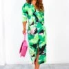 Round The Twist - Green Pink Abstract Twist Front Midi Dress -Deals Modashka Store RoundTheTwist GreenPinkAbstractTwistFrontMidiDress1