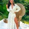 She Could Be The One - White Gold Feather Print Maxi Dress -Deals Modashka Store She Could Be The One White Gold Feather Print Maxi Dress 1
