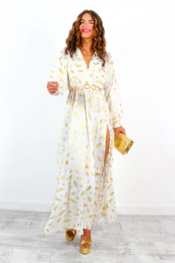She Could Be The One - White Gold Feather Print Maxi Dress -Deals Modashka Store SheCouldBeTheOne WhiteGoldFeatherPrintMaxiDress 2