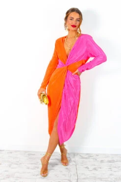 She Is The Moment - Pink Orange Twist Front Plisse Midi Dress -Deals Modashka Store SheIsTheMoment PinkOrangeTwistFrontPlisseMidiDress 2