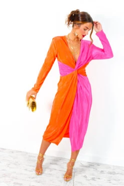 She Is The Moment - Pink Orange Twist Front Plisse Midi Dress -Deals Modashka Store SheIsTheMoment PinkOrangeTwistFrontPlisseMidiDress 3