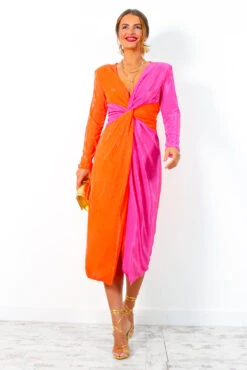 She Is The Moment - Pink Orange Twist Front Plisse Midi Dress -Deals Modashka Store SheIsTheMoment PinkOrangeTwistFrontPlisseMidiDress 5