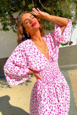 Shirred Time Lucky - White Pink Spot Shirred Waist Maxi Dress -Deals Modashka Store Shirred Time Lucky White Pink Spot Shirred Waist Maxi Dress