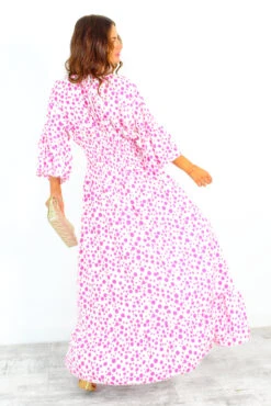 Shirred Time Lucky - White Pink Spot Shirred Waist Maxi Dress -Deals Modashka Store ShirredTimeLucky WhitePinkSpotShirredWaistMidiDress 1