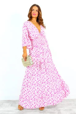 Shirred Time Lucky - White Pink Spot Shirred Waist Maxi Dress -Deals Modashka Store ShirredTimeLucky WhitePinkSpotShirredWaistMidiDress 2