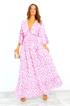Shirred Time Lucky - White Pink Spot Shirred Waist Maxi Dress -Deals Modashka Store ShirredTimeLucky WhitePinkSpotShirredWaistMidiDress 3