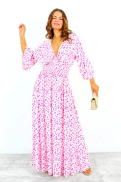 Shirred Time Lucky - White Pink Spot Shirred Waist Maxi Dress -Deals Modashka Store ShirredTimeLucky WhitePinkSpotShirredWaistMidiDress 6