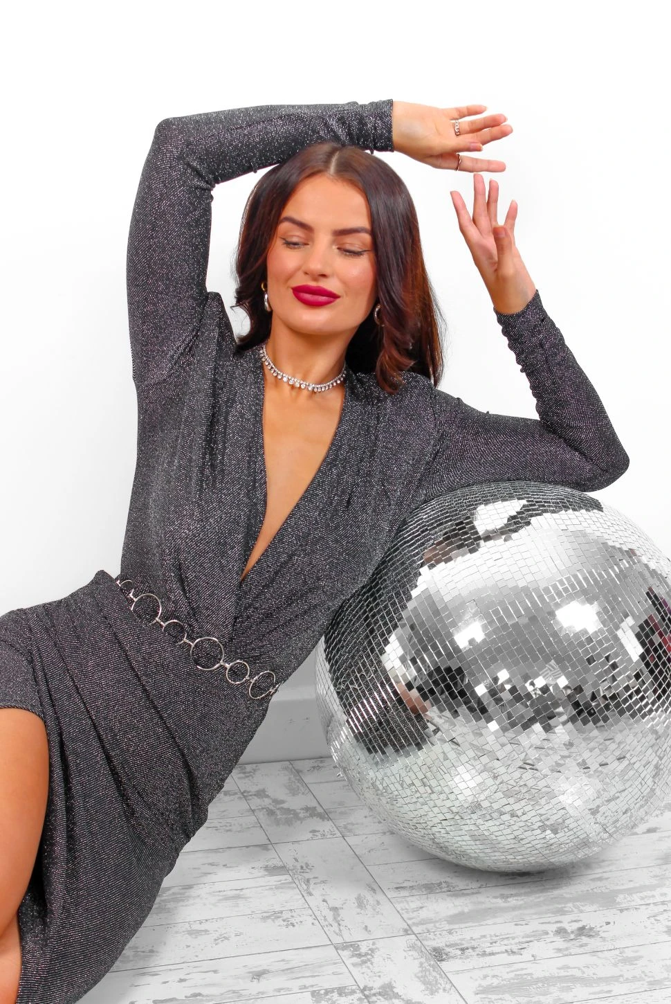 Simple And Elegant - Silver Glitter Long Sleeve Midi Dress 4 Simple And Elegant - Silver Glitter Long Sleeve Midi Dress - Image 2