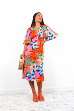 Sleeve You Behind - Pink Orange Floral Midi Dress -Deals Modashka Store SleeveYouBehind PinkOrangeFloralMidiDress 1