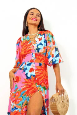 Sleeve You Behind - Pink Orange Floral Midi Dress -Deals Modashka Store SleeveYouBehind PinkOrangeFloralMidiDress 6