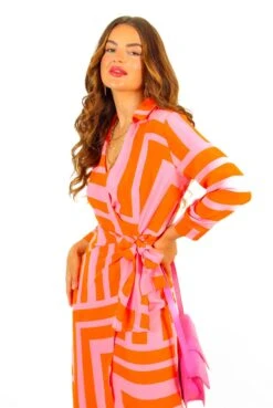 Social Climber - Pink Orange Geometric Print Midi Wrap Dress 12 Social Climber - Pink Orange Geometric Print Midi Wrap Dress -Deals Modashka Store SocialClimber PinkOrangeGeometricPrintMidiWrapDress 5