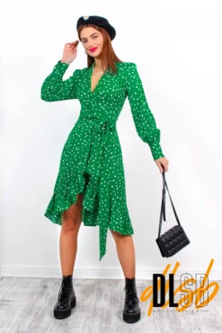 Some Like It Dot - Green Polka Dot Midi Wrap Dress -Deals Modashka Store SomeLikeItDot GreenPolkaDotMidiWrapDress5