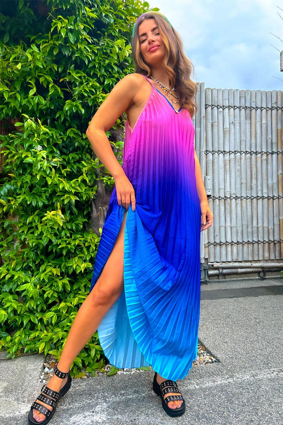 Gotta Let Go - Blue Pink Ombre Pleated Satin Maxi Dress 3 Gotta Let Go - Blue Pink Ombre Pleated Satin Maxi Dress
