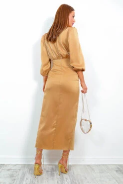 Steal Your Heart - Gold Satin Midi Dress -Deals Modashka Store StealYourHeart GoldSatinMidiDress1