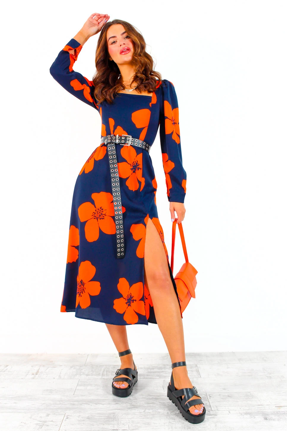 Thats My Opinion - Navy Orange Floral Midi Dress 6 Thats My Opinion - Navy Orange Floral Midi Dress - Image 4