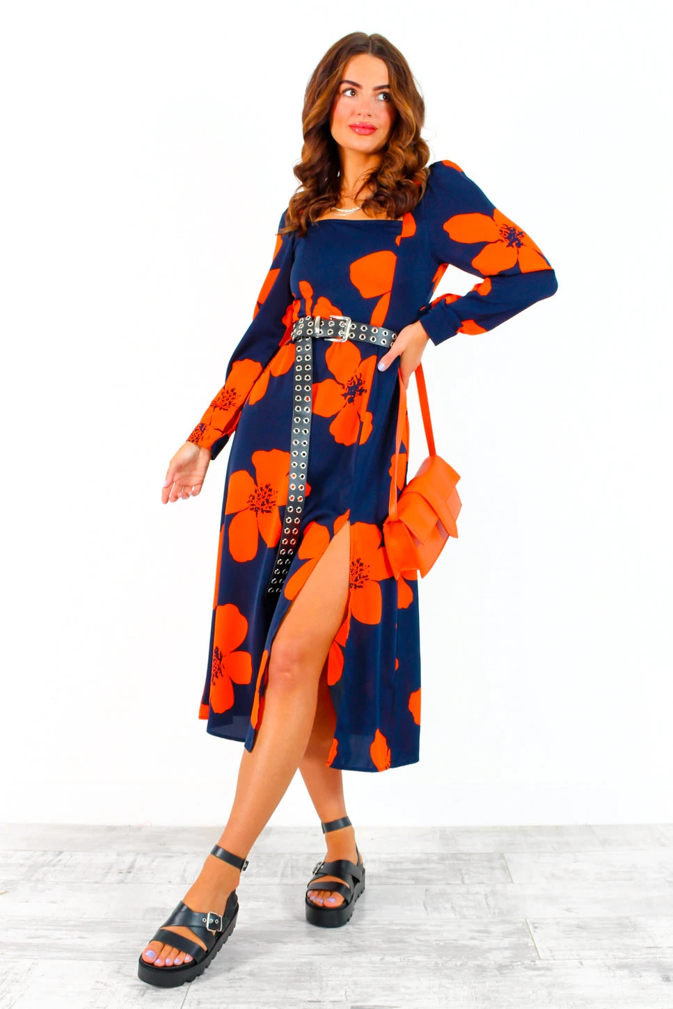 Thats My Opinion - Navy Orange Floral Midi Dress 3 Thats My Opinion - Navy Orange Floral Midi Dress