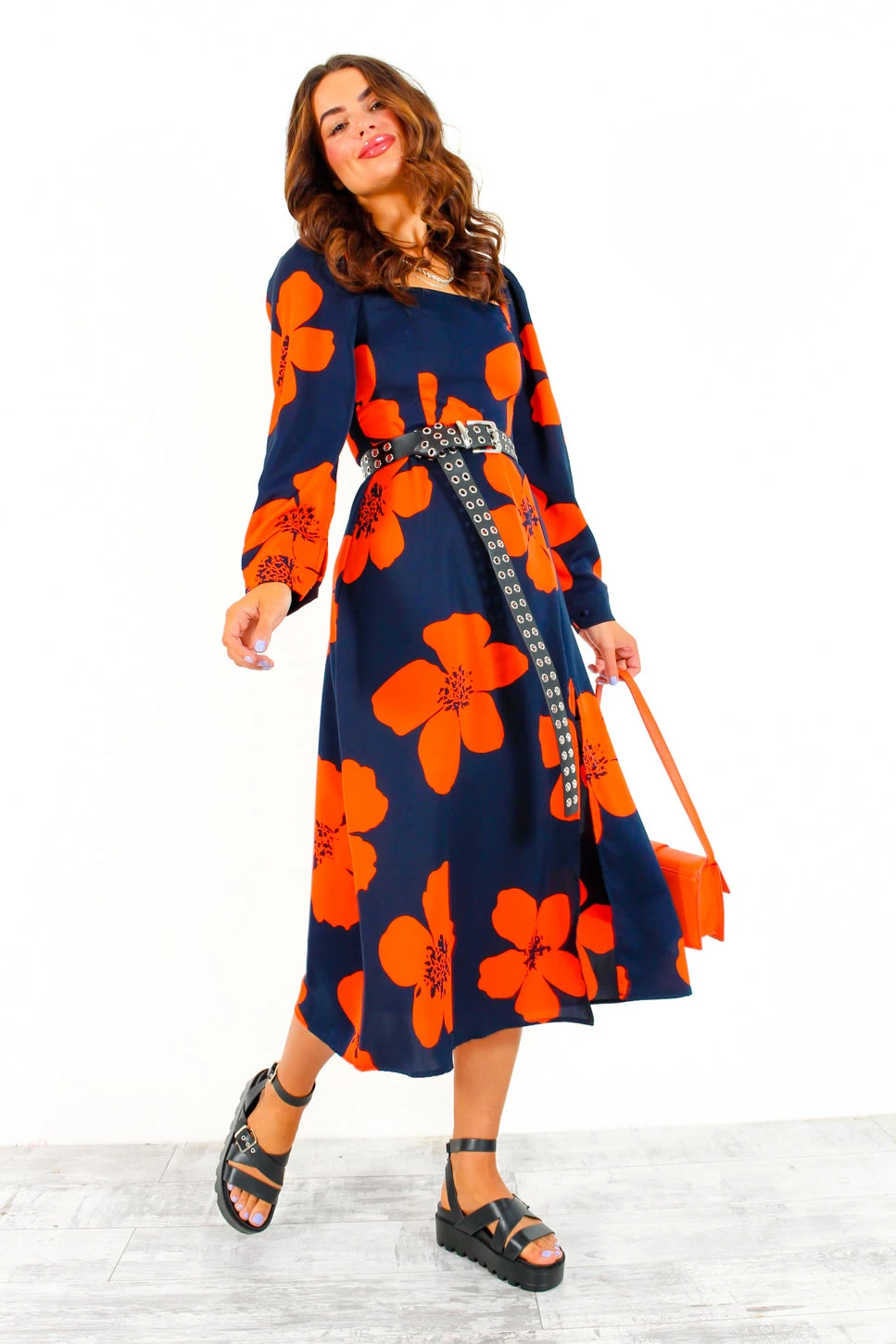 Thats My Opinion - Navy Orange Floral Midi Dress 5 Thats My Opinion - Navy Orange Floral Midi Dress - Image 3