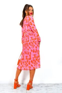 The Pleat Goes On - Pink Orange Animal Print Pleated Midi Dress -Deals Modashka Store ThePleatGoesOn PinkOrangeAnimalPrintPleatedMidiDress