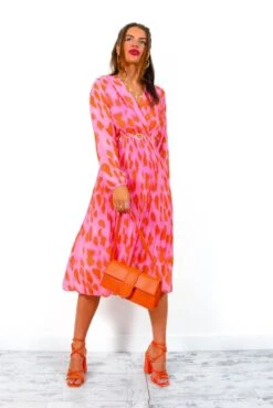 The Pleat Goes On - Pink Orange Animal Print Pleated Midi Dress -Deals Modashka Store ThePleatGoesOn PinkOrangeAnimalPrintPleatedMidiDress 1